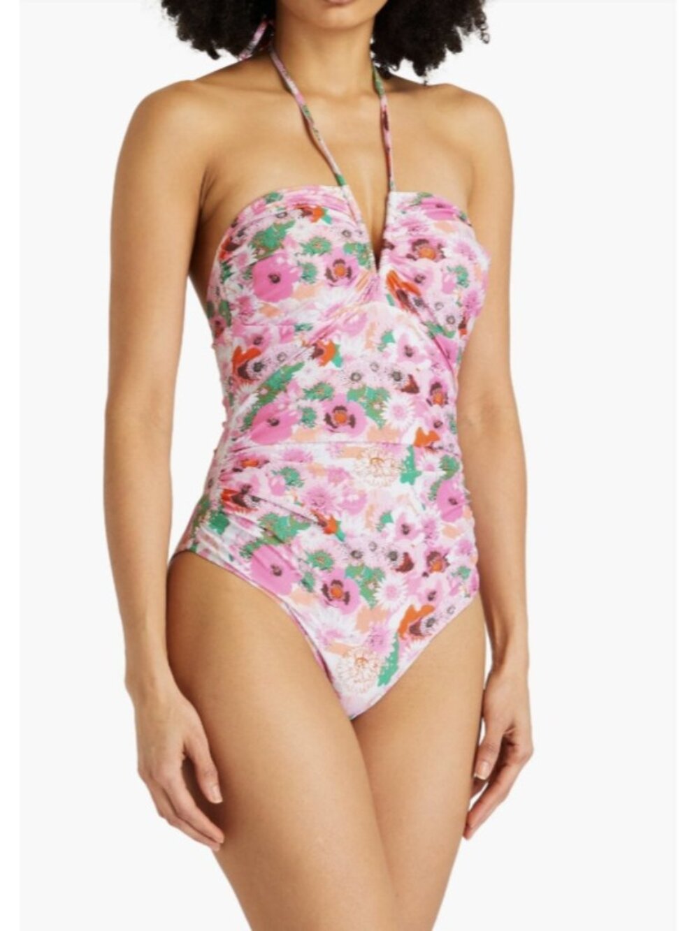 Ganni Ruched Floral Halter Swimsuit Sugar Plum